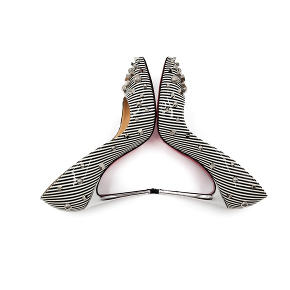 Christian Louboutin Black White Striped Patent Leather Studded Heels EU 38.5 - Picture 5 of 8